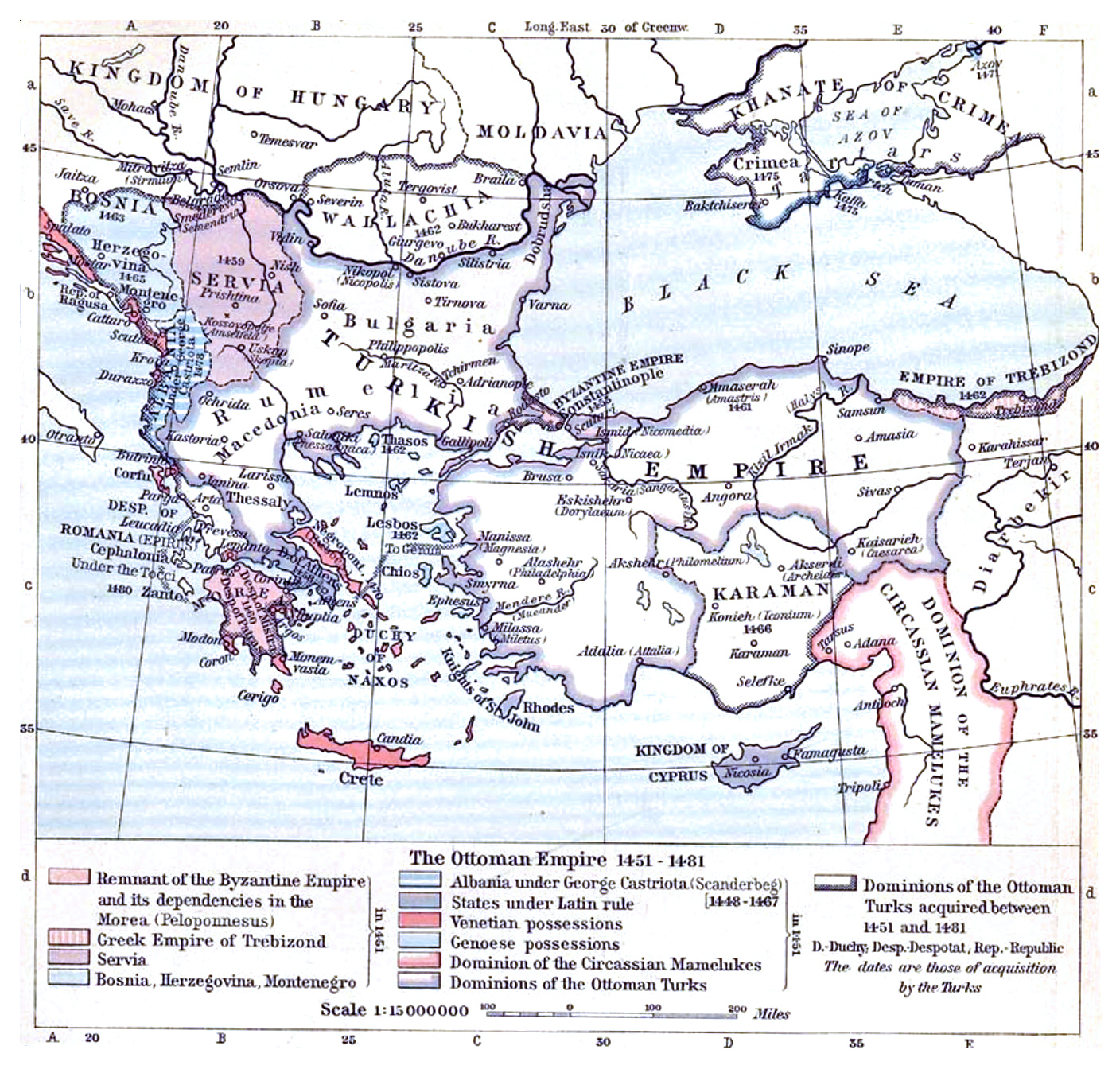 Jihovýchodní Evropa a osmanská expanze v letech 1451–1481. Právě během tohoto období zanikla řada balkánských států, jejich dynastie však často přežily v exilu nebo ve službách jiných mocností. Autor a licence: William R. Shepherd, Historical Atlas, 1911; Wikimedia Commons, public domain.